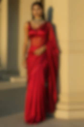 Red Satin Party Wear Saree Set by Phatakaa at Pernia's Pop Up Shop