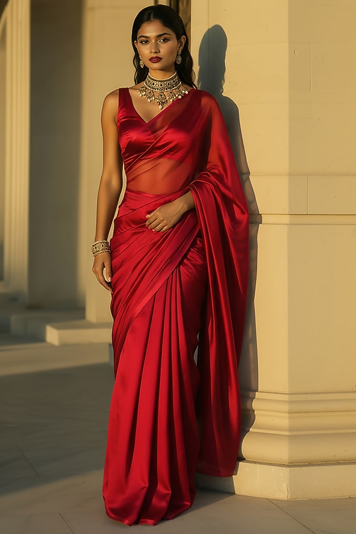 Red Satin Party Wear Saree Set by Phatakaa at Pernia's Pop Up Shop
