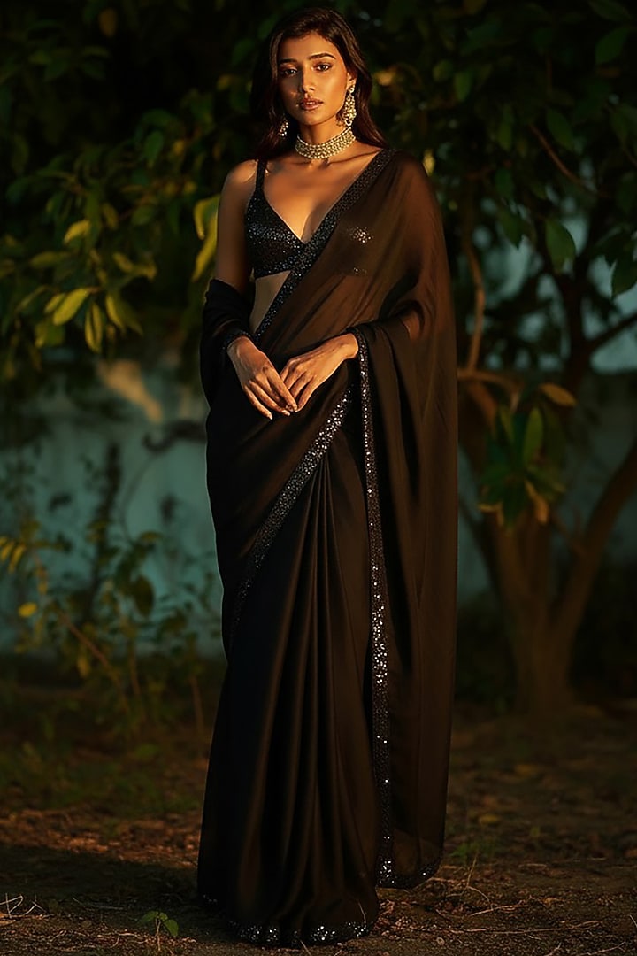 Black Satin Georgette Sequins Work Pre-Stitched Party Wear Saree Set by Phatakaa at Pernia's Pop Up Shop