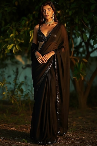 Black Satin Georgette Sequins Work Pre-Stitched Saree Set by Phatakaa