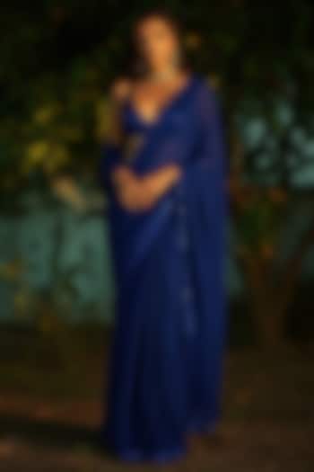 Navy Blue Satin Georgette Sequins Work Pre-Stitched Party Wear Saree Set by Phatakaa at Pernia's Pop Up Shop