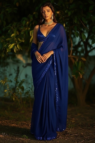 Navy Blue Satin Georgette Sequins Work Pre-Stitched Saree Set by Phatakaa