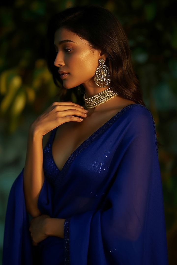 Navy Blue Satin Georgette Sequins Work Pre-Stitched Party Wear Saree Set by Phatakaa at Pernia's Pop Up Shop