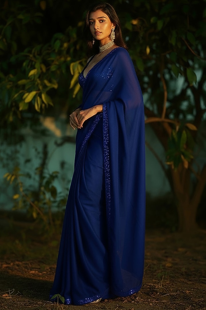 Navy Blue Satin Georgette Sequins Work Pre-Stitched Party Wear Saree Set by Phatakaa at Pernia's Pop Up Shop