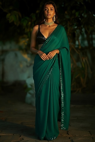 Emerald Green Satin Georgette Sequins Work Pre-Stitched Saree Set by Phatakaa