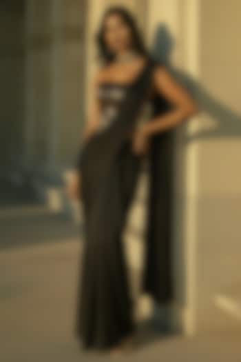 Black Recycled Polyester Pre-Stitched Party Wear Saree Set by Phatakaa at Pernia's Pop Up Shop