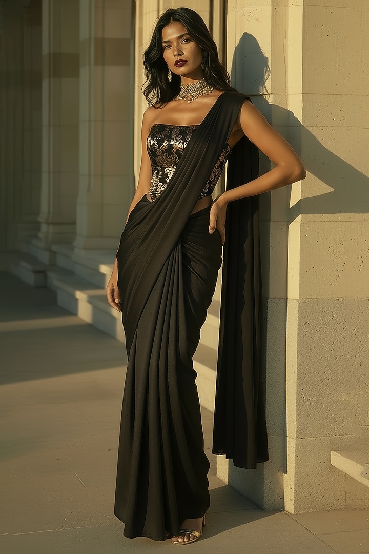 Black Recycled Polyester Pre-Stitched Party Wear Saree Set by Phatakaa at Pernia's Pop Up Shop