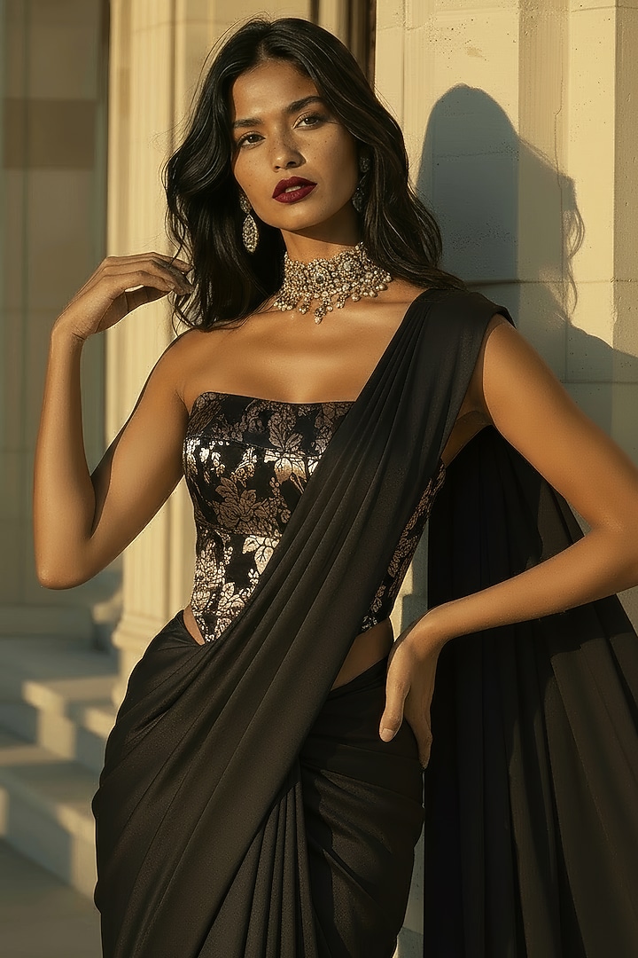 Black Recycled Polyester Pre-Stitched Party Wear Saree Set by Phatakaa at Pernia's Pop Up Shop
