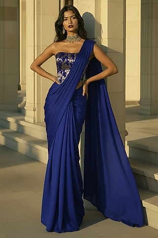 Navy Blue Recycled Polyester Pre-Stitched Saree Set by Phatakaa