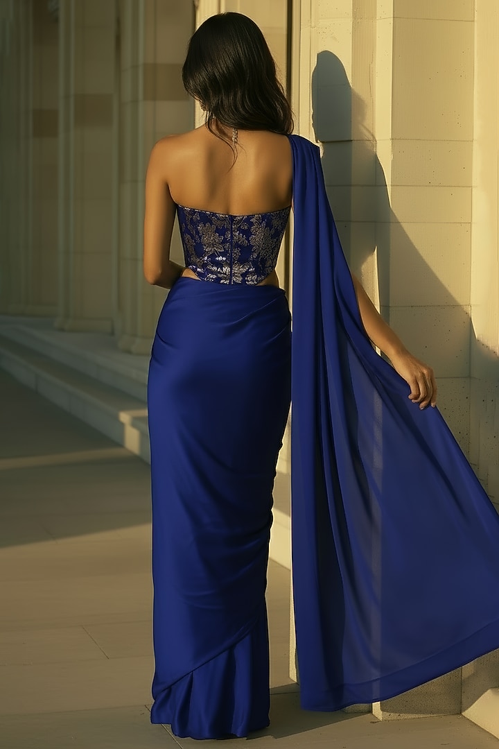 Navy Blue Recycled Polyester Pre-Stitched Party Wear Saree Set by Phatakaa at Pernia's Pop Up Shop