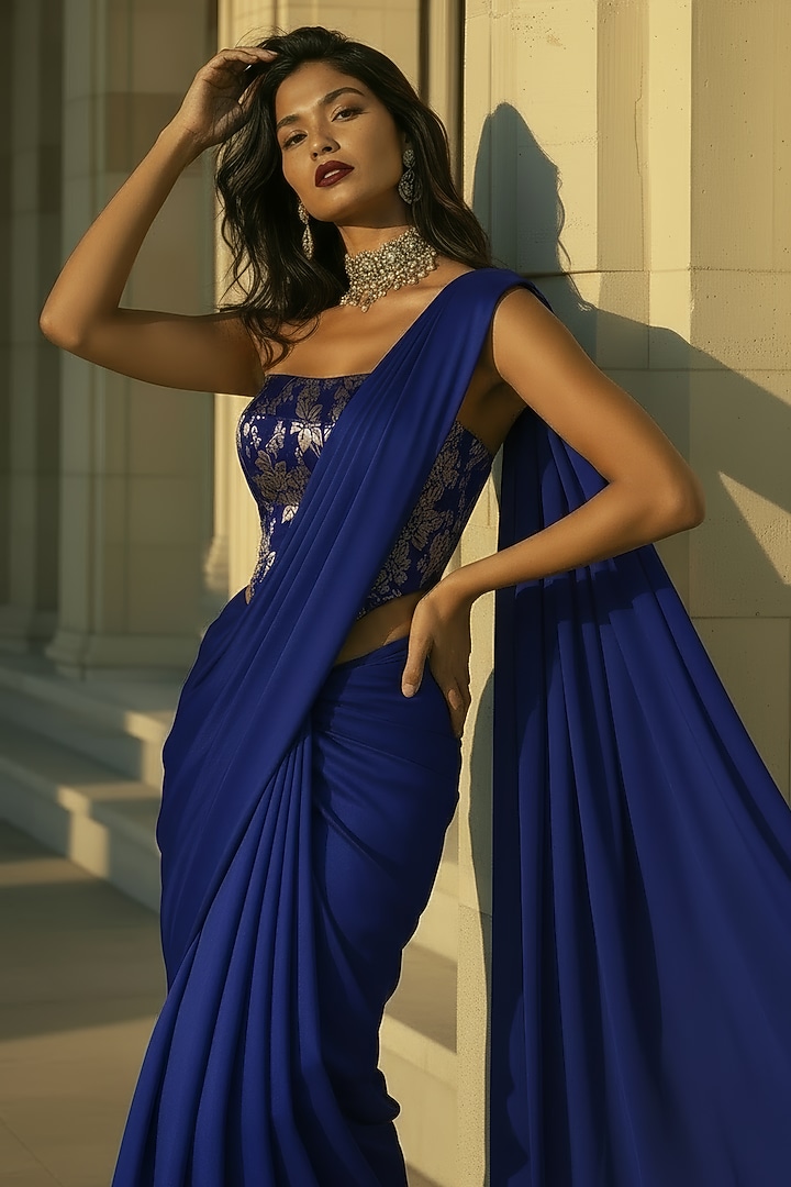 Navy Blue Recycled Polyester Pre-Stitched Party Wear Saree Set by Phatakaa at Pernia's Pop Up Shop