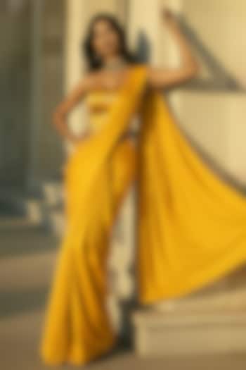 Mustard Recycled Polyester Pre-Stitched Party Wear Saree Set by Phatakaa at Pernia's Pop Up Shop