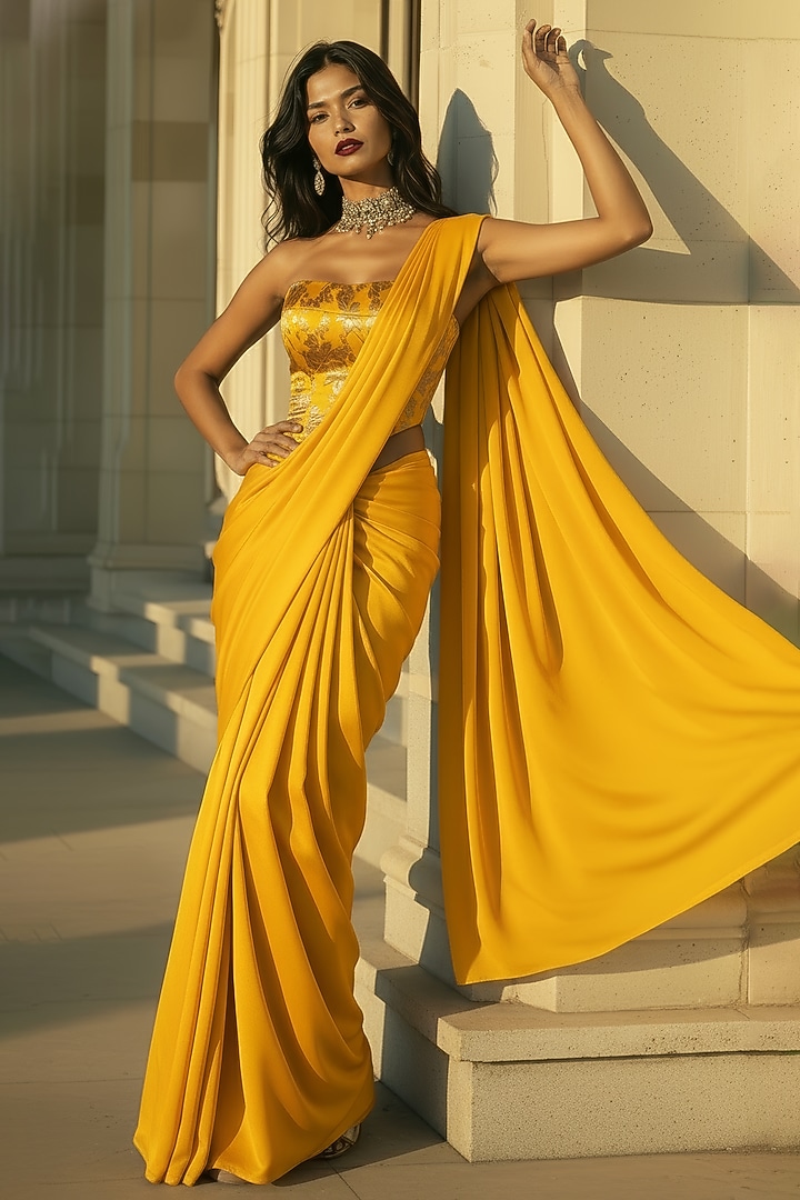 Mustard Recycled Polyester Pre-Stitched Party Wear Saree Set by Phatakaa at Pernia's Pop Up Shop