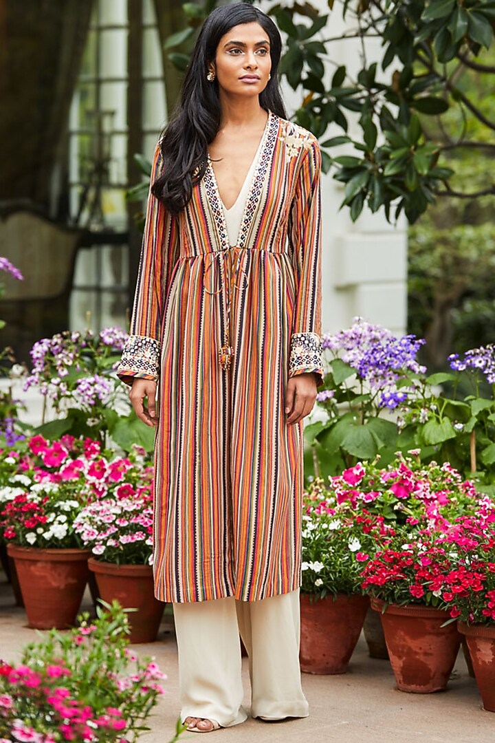 Orange Printed Shrug With Mirror Work by Patine at Pernia's Pop Up Shop