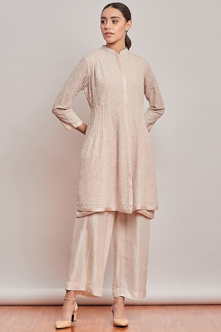 Peach Embroidered Kurta With Pants by Patine