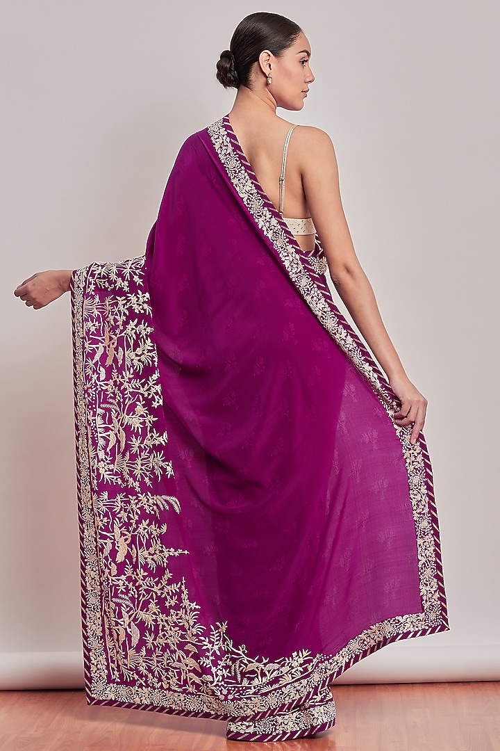 Wine Embroidered Parsi Gara Bridal Saree Set by Patine at Pernia's Pop Up Shop