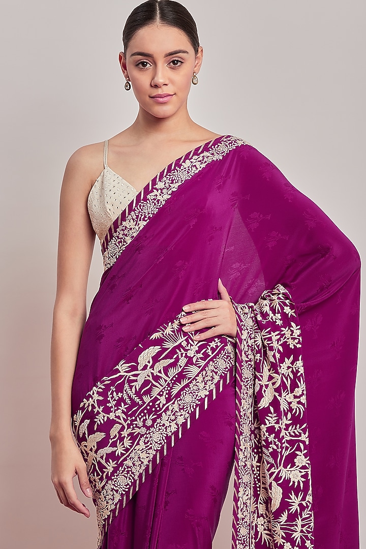 Wine Embroidered Parsi Gara Bridal Saree Set by Patine at Pernia's Pop Up Shop