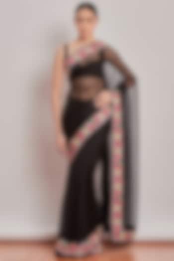 Black Embroidered Parsi Gara Reception Saree Set by Patine at Pernia's Pop Up Shop