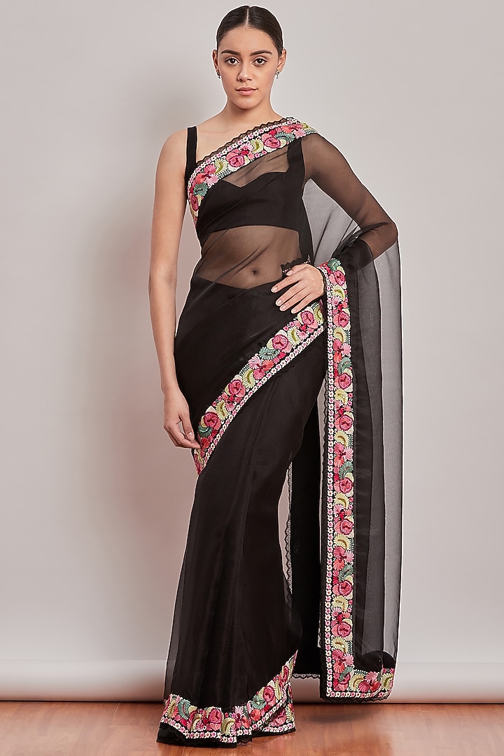 Black Embroidered Parsi Gara Reception Saree Set by Patine at Pernia's Pop Up Shop