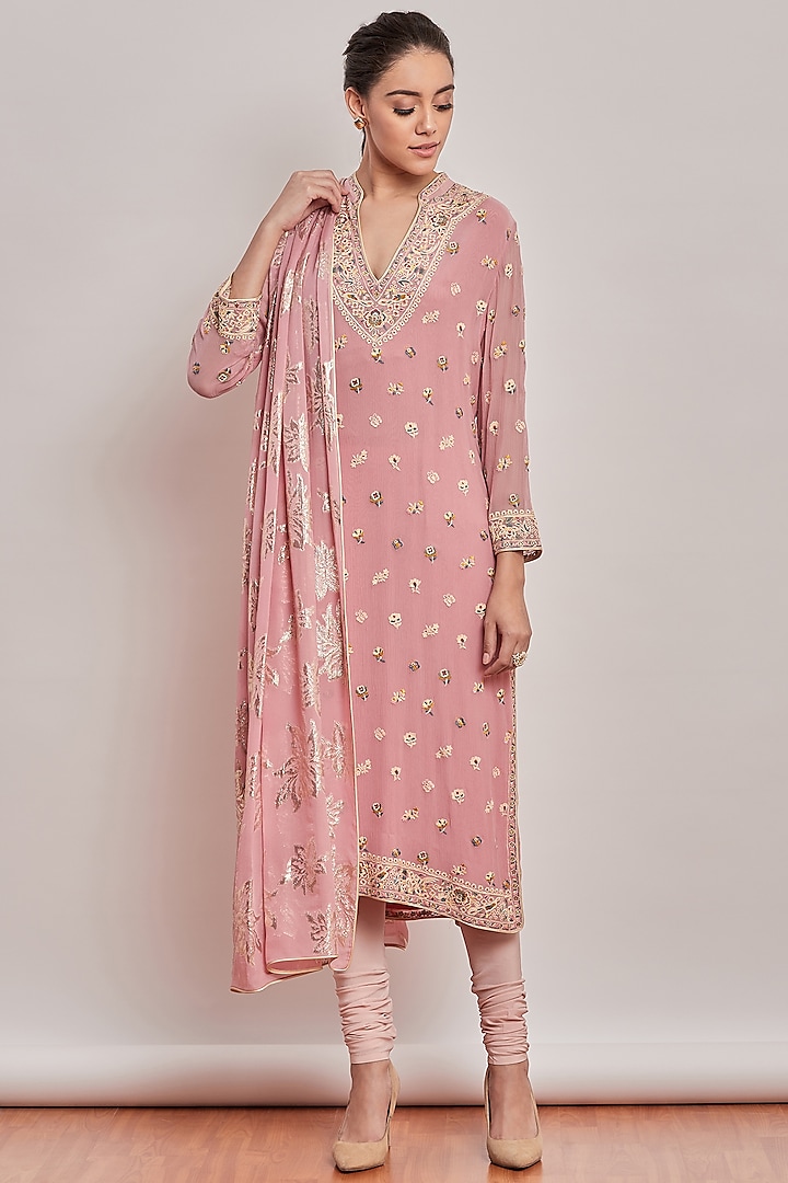 Blush Pink Floral Embroidered Kurta Set by Patine
