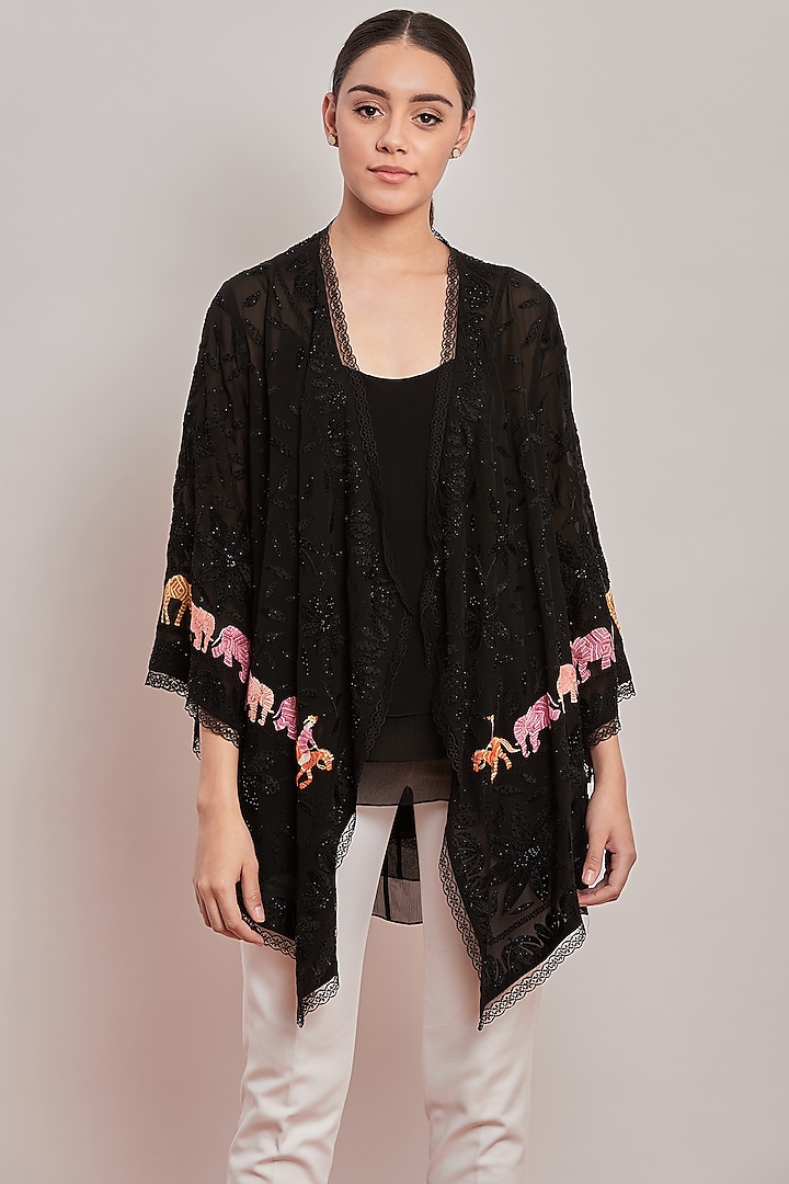 Black Embroidered Shrug With Inner by Patine