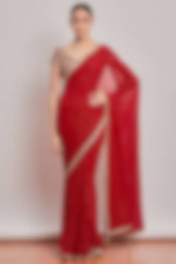 Red Embroidered Saree Set by Patine