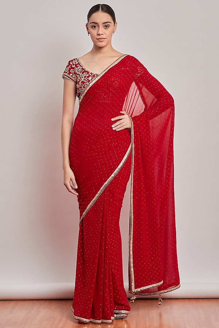 Red Embroidered Saree Set by Patine