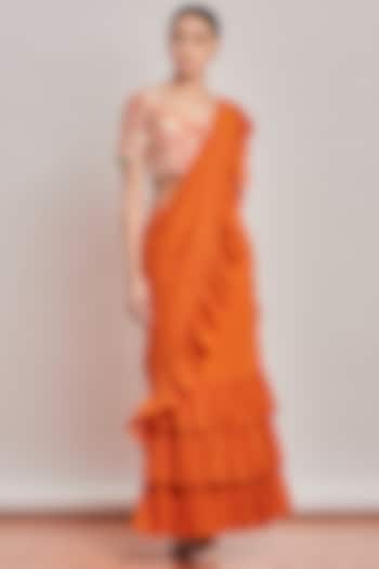 Orange Embroidered Pre-Stitched Saree Set by Patine