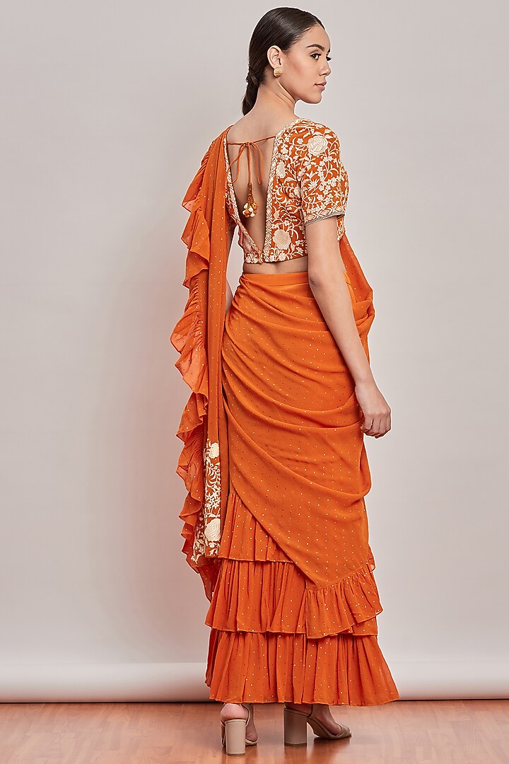 Orange Embroidered Pre-Stitched Reception Saree Set by Patine at Pernia's Pop Up Shop