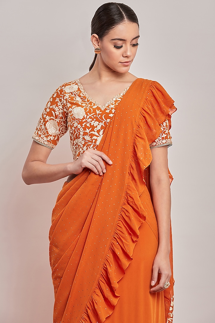 Orange Embroidered Pre-Stitched Reception Saree Set by Patine at Pernia's Pop Up Shop