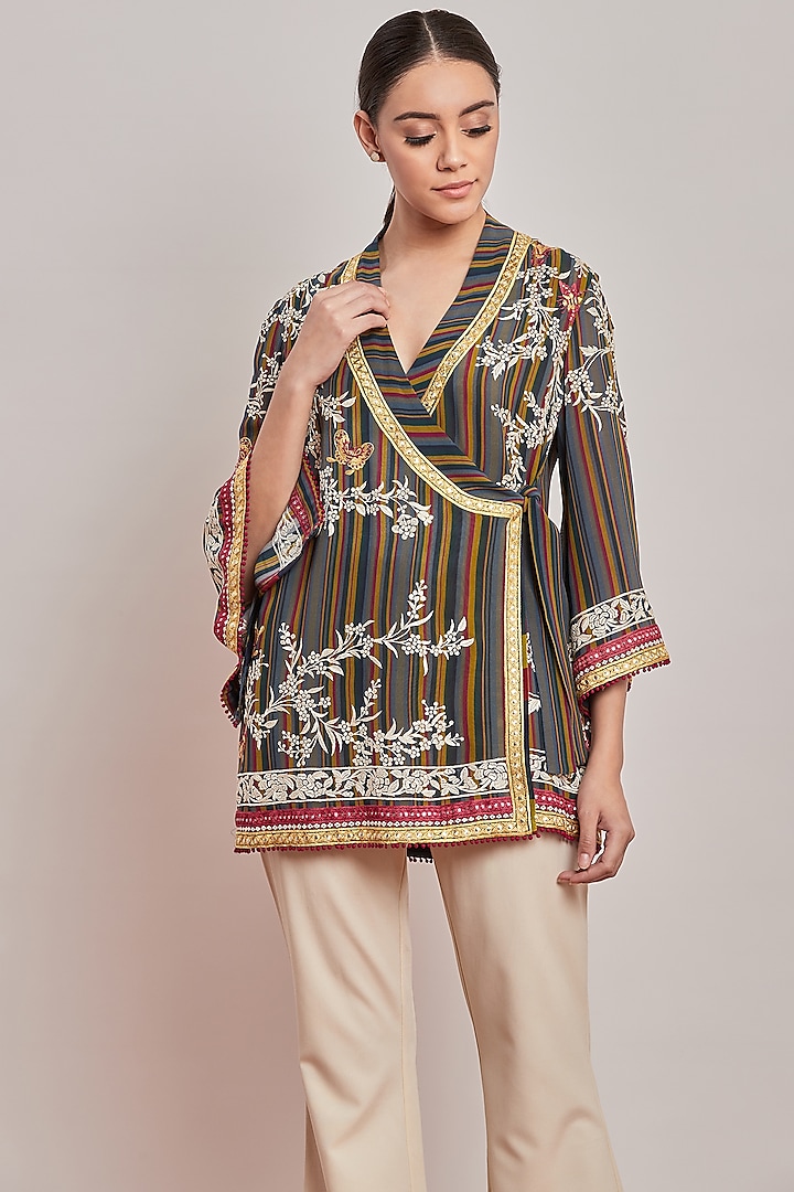 Multi Colored Striped & Embroidered Wrap Top by Patine