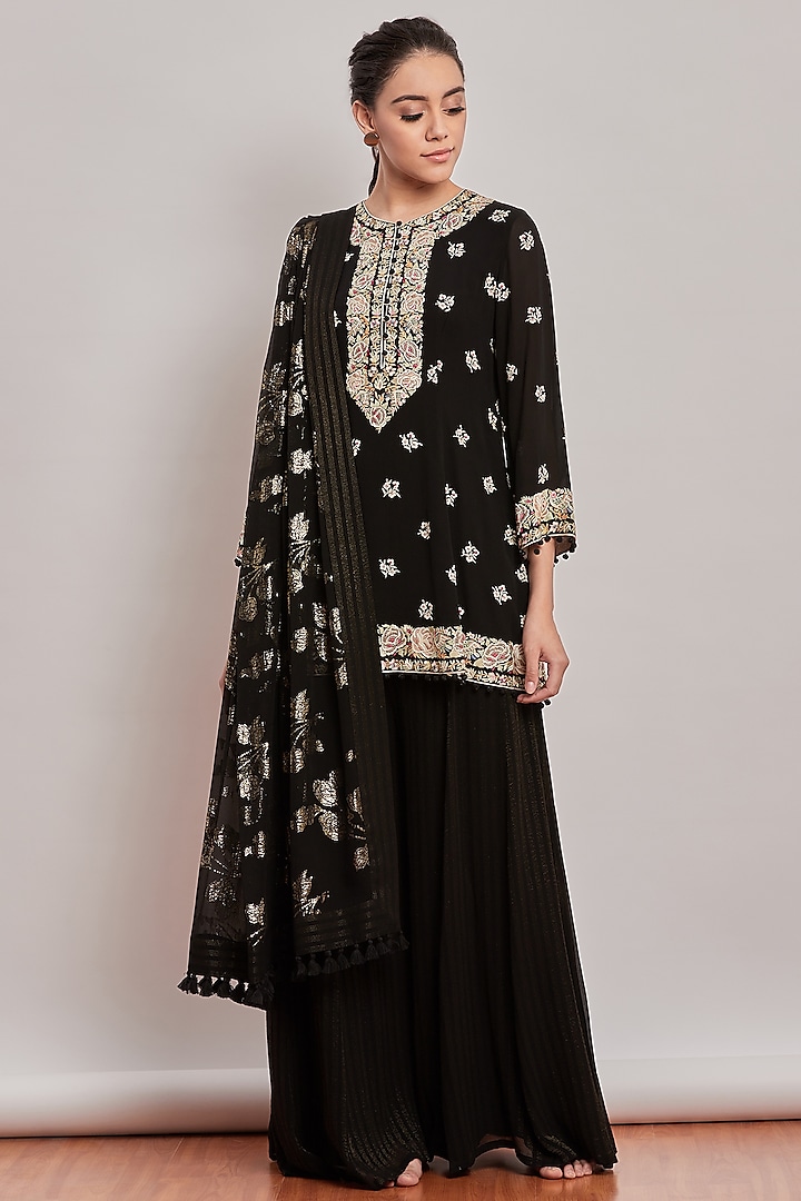 Black Floral Embroidered Sharara Set by Patine