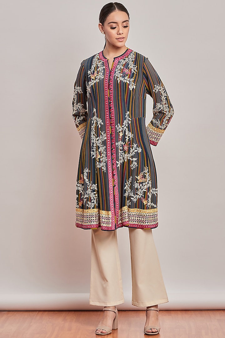Multi Colored Striped & Embroidered Tunic by Patine