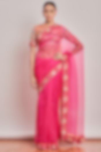 Vibrant Pink Embroidered Saree Set by Patine