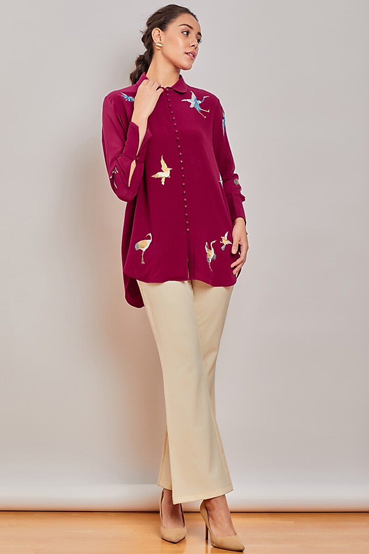Maroon Embroidered Button Down Shirt by Patine