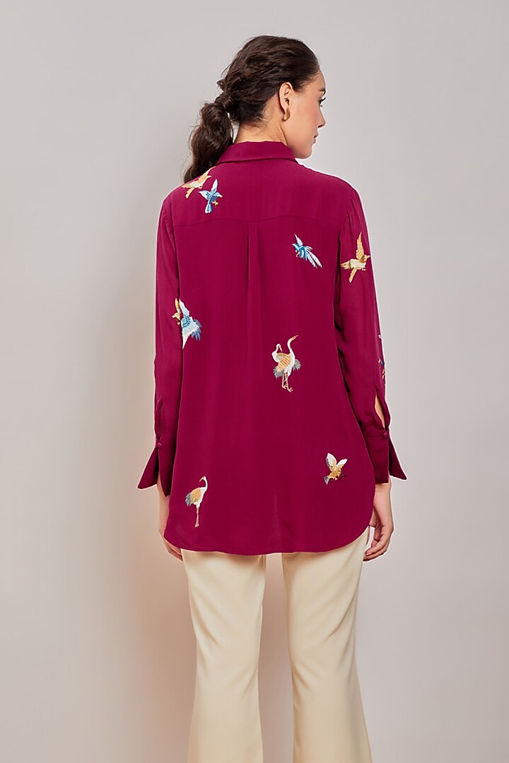 Maroon Embroidered Button Down Shirt by Patine at Pernia's Pop Up Shop