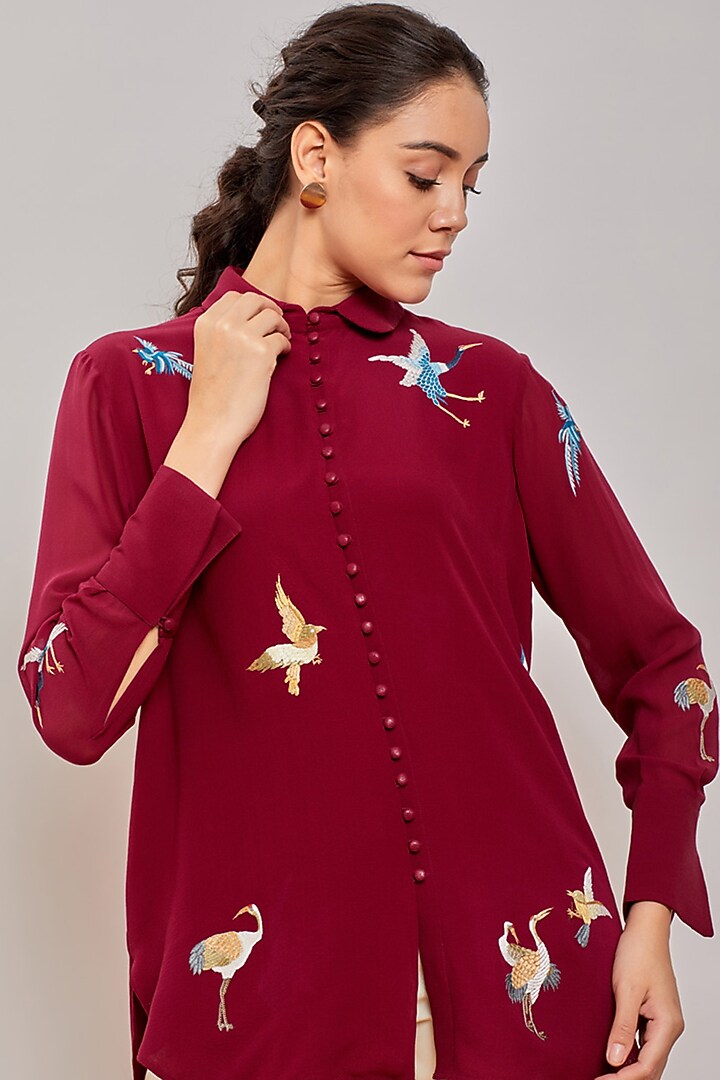Maroon Embroidered Button Down Shirt by Patine at Pernia's Pop Up Shop