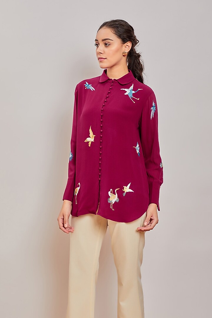 Maroon Embroidered Button Down Shirt by Patine at Pernia's Pop Up Shop