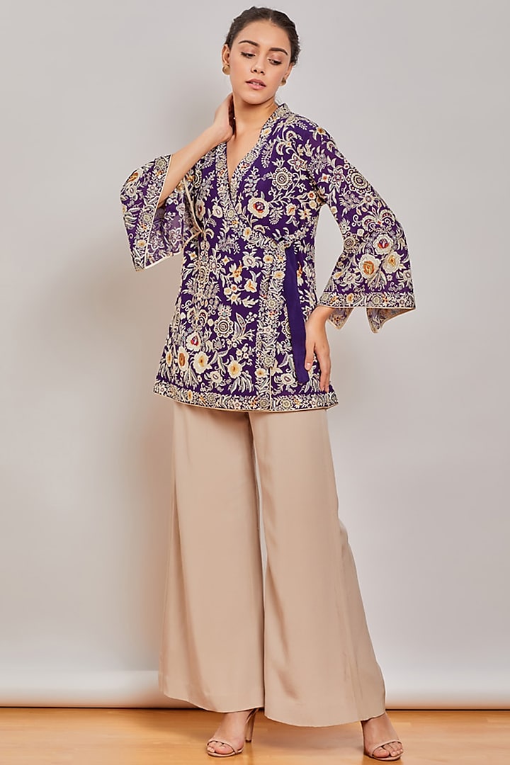 Purple Embroidered Wrap Top by Patine