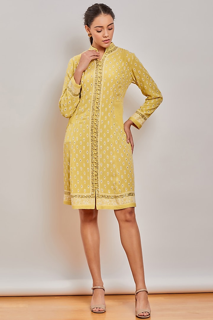 Yellow Chikankari Embroidered Dress by Patine