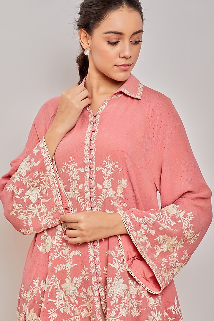 Pink Mirror Embroidered Button Down Shirt by Patine at Pernia's Pop Up Shop