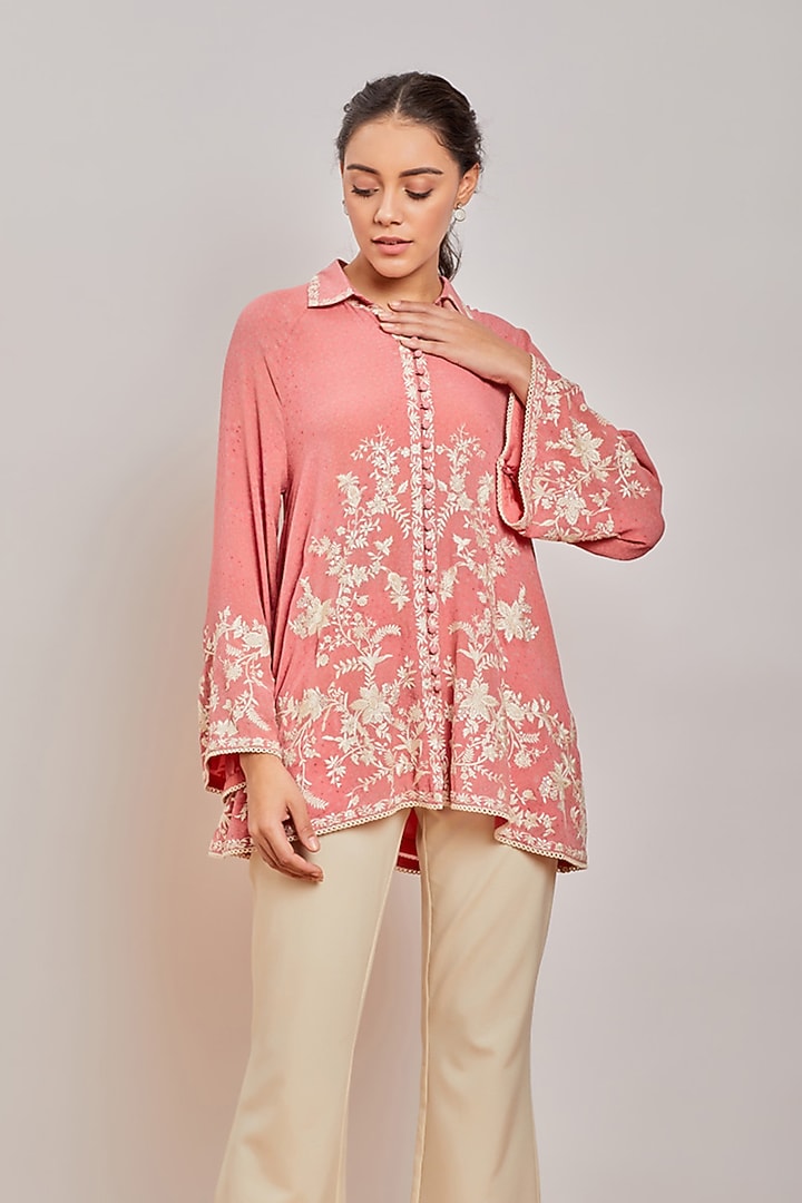 Pink Mirror Embroidered Button Down Shirt by Patine at Pernia's Pop Up Shop