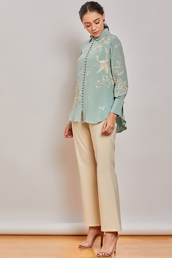 Mint Green Hand Embroidered Shirt by Patine