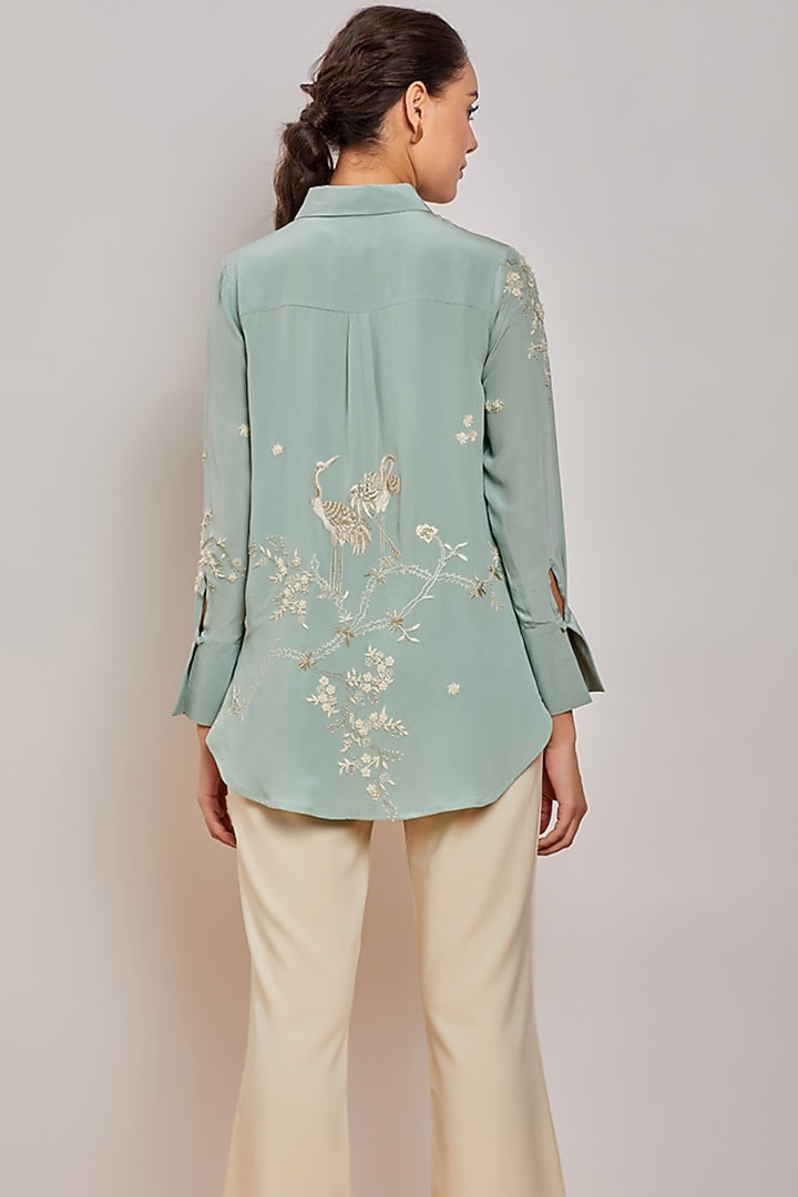 Mint Green Hand Embroidered Shirt by Patine at Pernia's Pop Up Shop