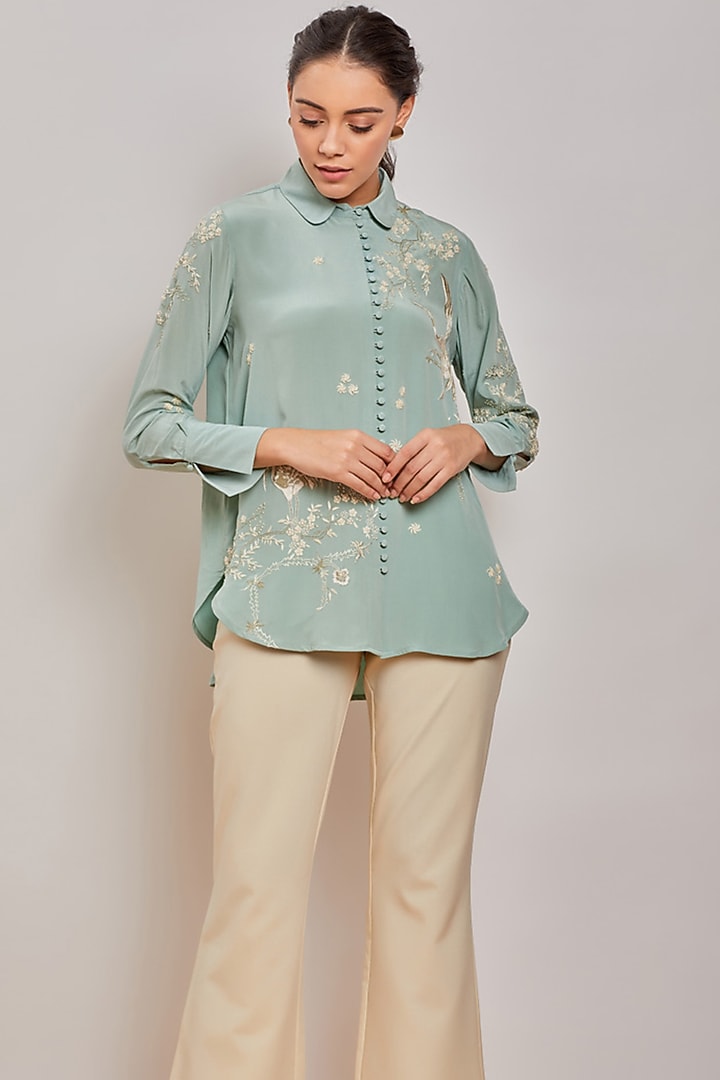 Mint Green Hand Embroidered Shirt by Patine at Pernia's Pop Up Shop