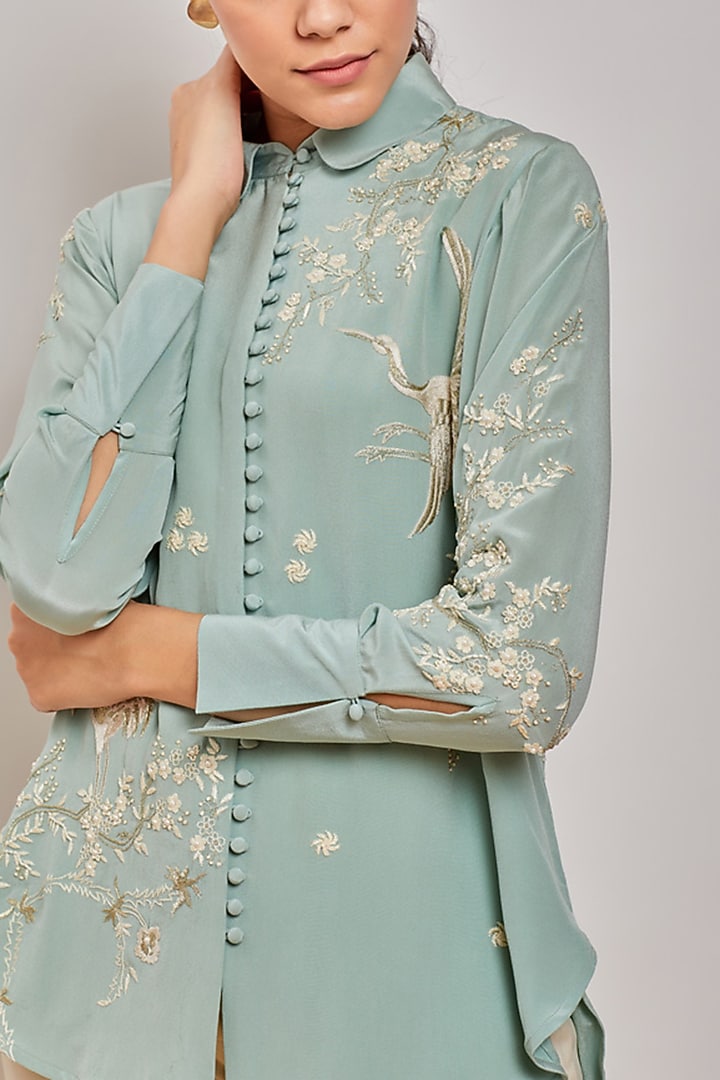 Mint Green Hand Embroidered Shirt by Patine at Pernia's Pop Up Shop
