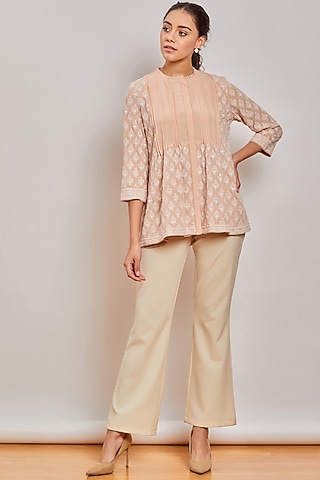 Peach Chikankari Pintucked Top by Patine
