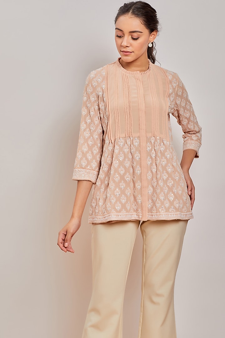 Peach Chikankari Pintucked Top by Patine at Pernia's Pop Up Shop