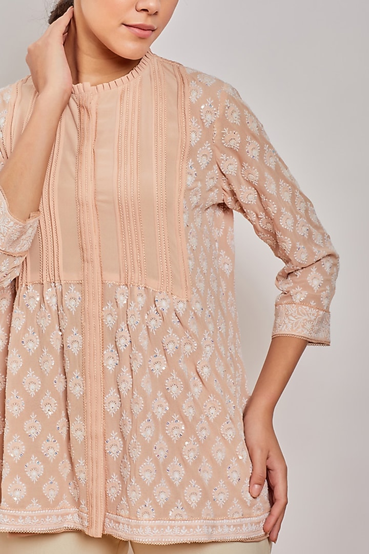 Peach Chikankari Pintucked Top by Patine at Pernia's Pop Up Shop