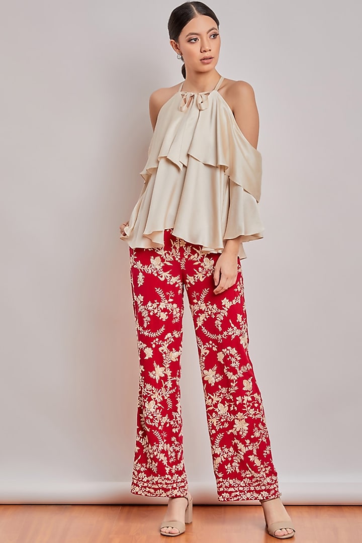 Red Mirror Embroidered Pants by Patine